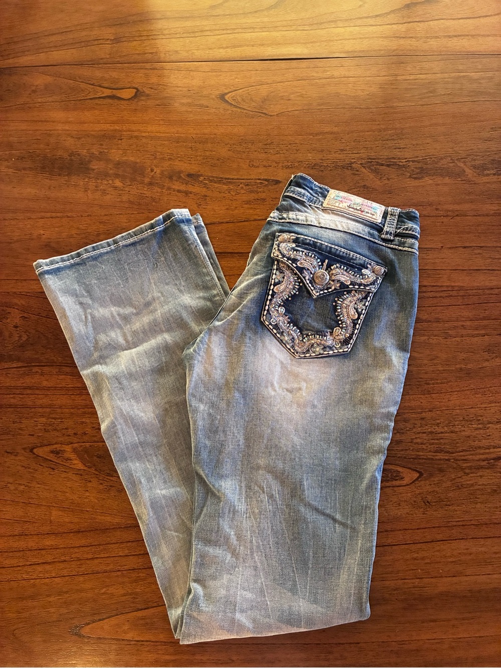 Y2K Grace in LA Light Blue Bootcut Jeans with Embellished Back Pocket bedazzled